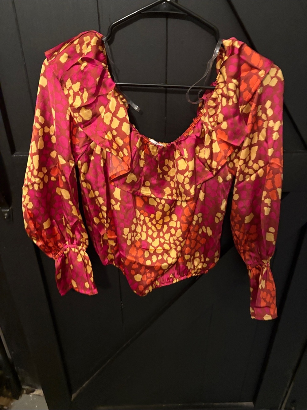 Magenta & Gold Ruffle-Neck Long-Sleeve Blouse